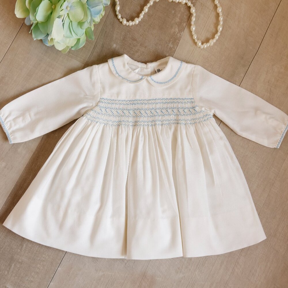 Ivory Smocked Heirloom Dress Blue Embroidery Sarah Louise 3 Months Traditional